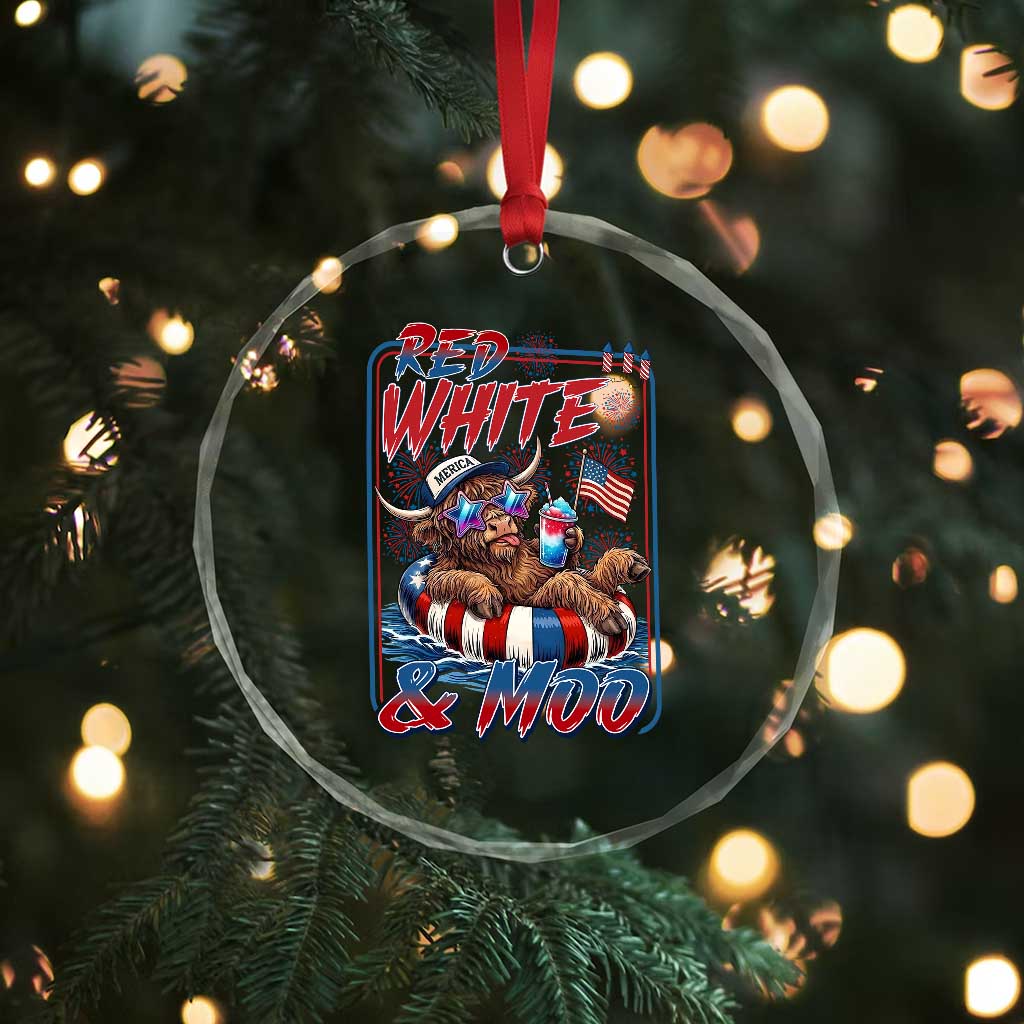 Funny Highland Cow Pool Party 4th Of July Crystal Glass Ornament Red White And Moo TS12 Print Your Wear