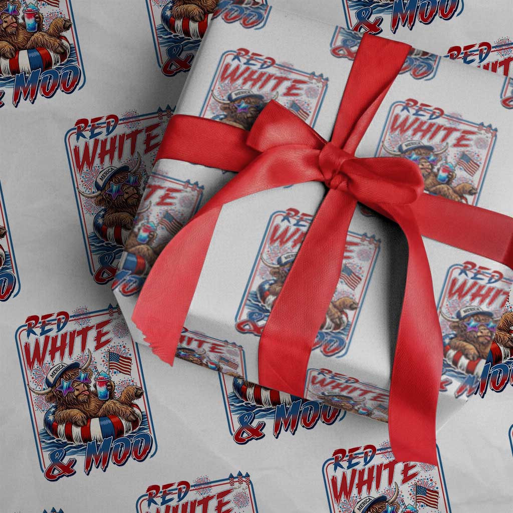 Funny Highland Cow Pool Party 4th Of July Wrapping Paper Roll Red White And Moo TS12 White Print Your Wear
