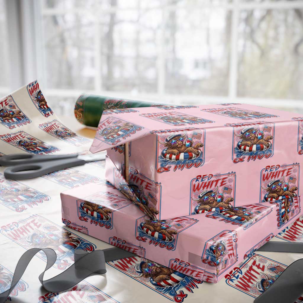 Funny Highland Cow Pool Party 4th Of July Wrapping Paper Roll Red White And Moo