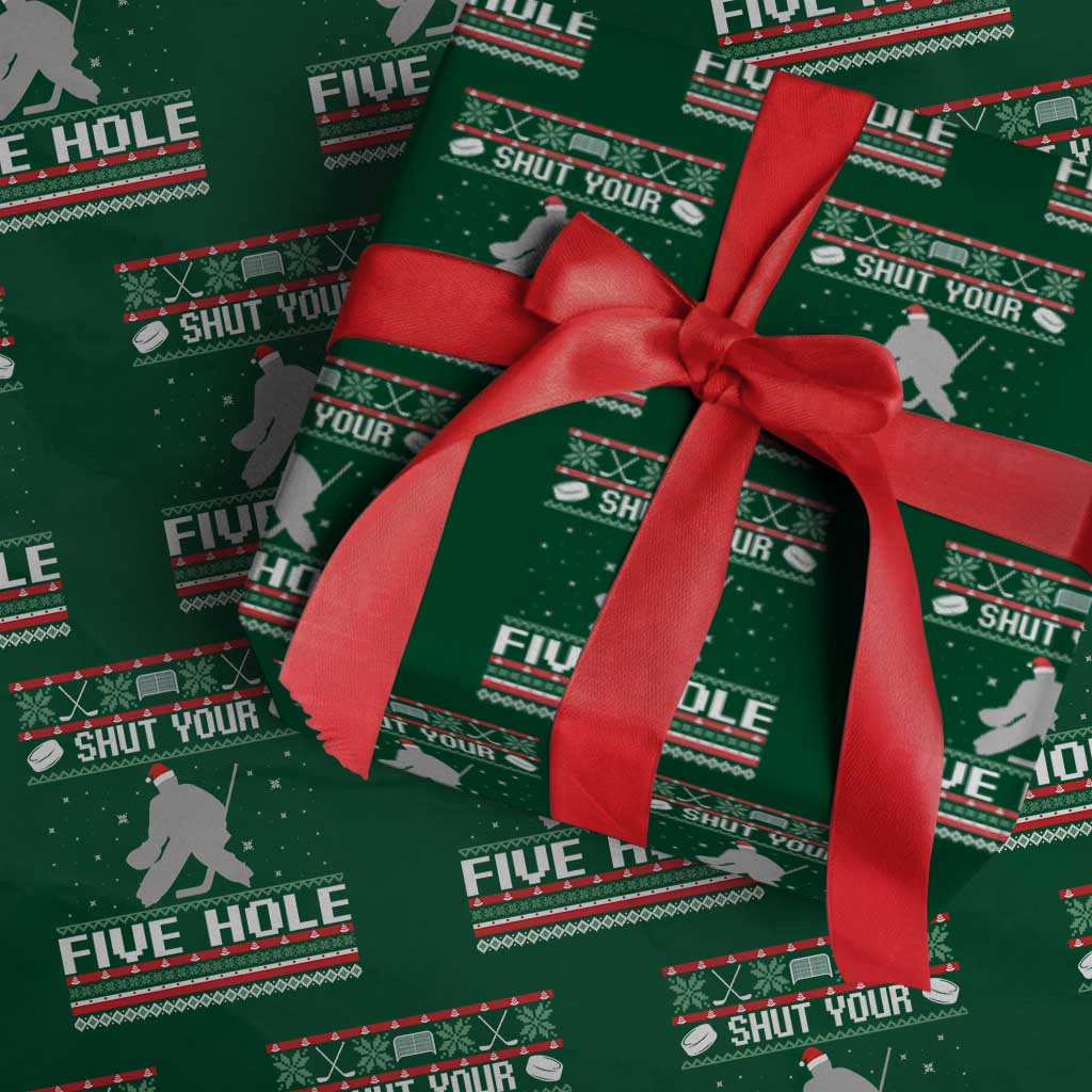 Funny Hockey Goalie Ugly Christmas Gift Wrapping Paper Roll Shut Your Five Hole TS12 Green Print Your Wear
