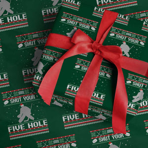 Funny Hockey Goalie Ugly Christmas Gift Wrapping Paper Roll Shut Your Five Hole TS12 Green Print Your Wear