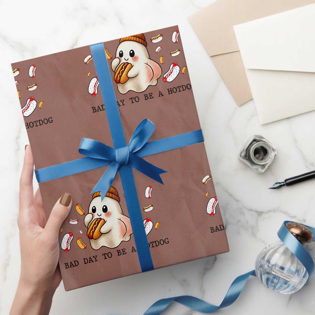 Funny Hot Dog Ghost Halloween Wrapping Paper Roll Bad Day To Be A Hotdog TS14 Mocha Print Your Wear