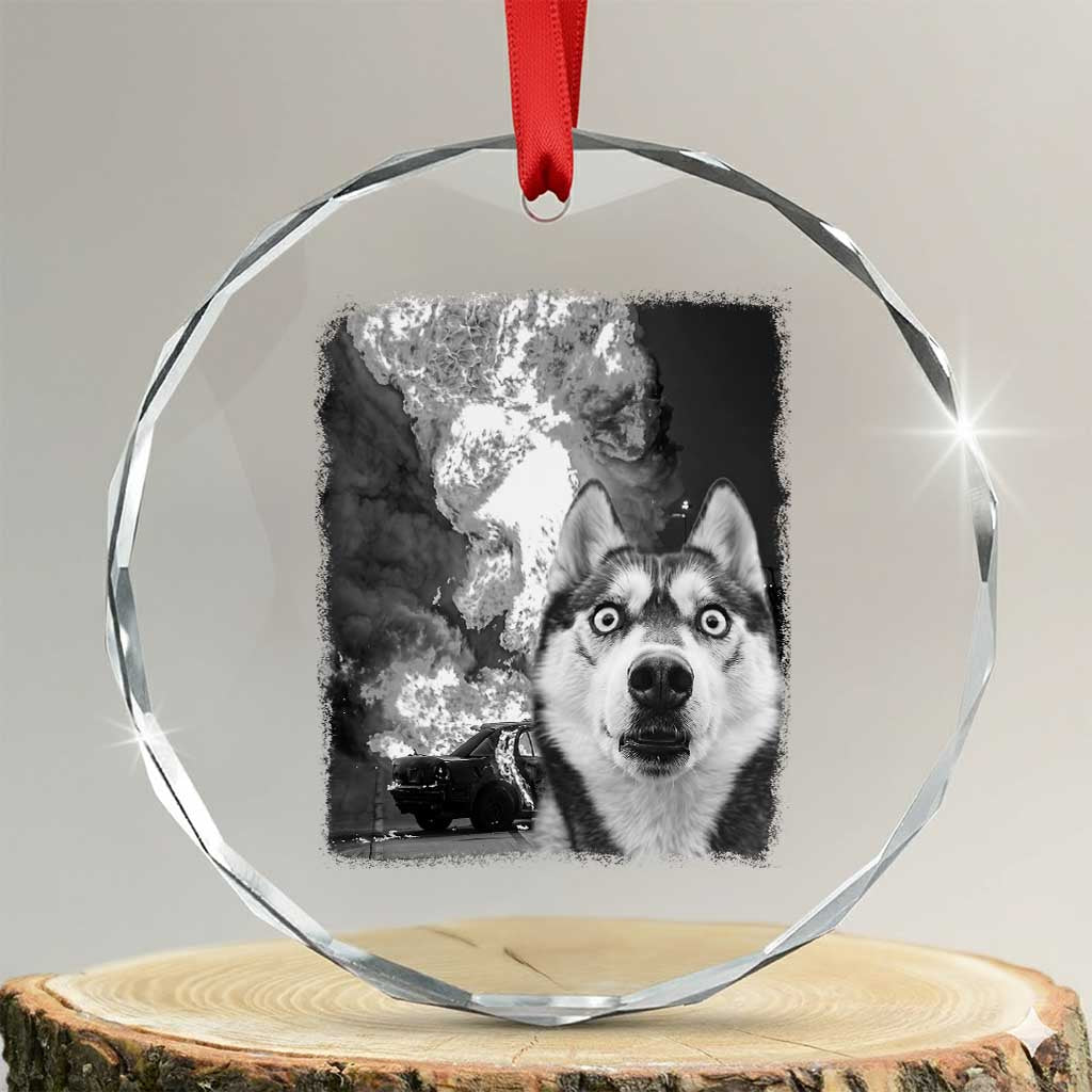 Funny Husky Chaos Crystal Glass Ornament Cool Dog Selfie With Burning Car TS12 Transparent Glass 3'' Circle Print Your Wear
