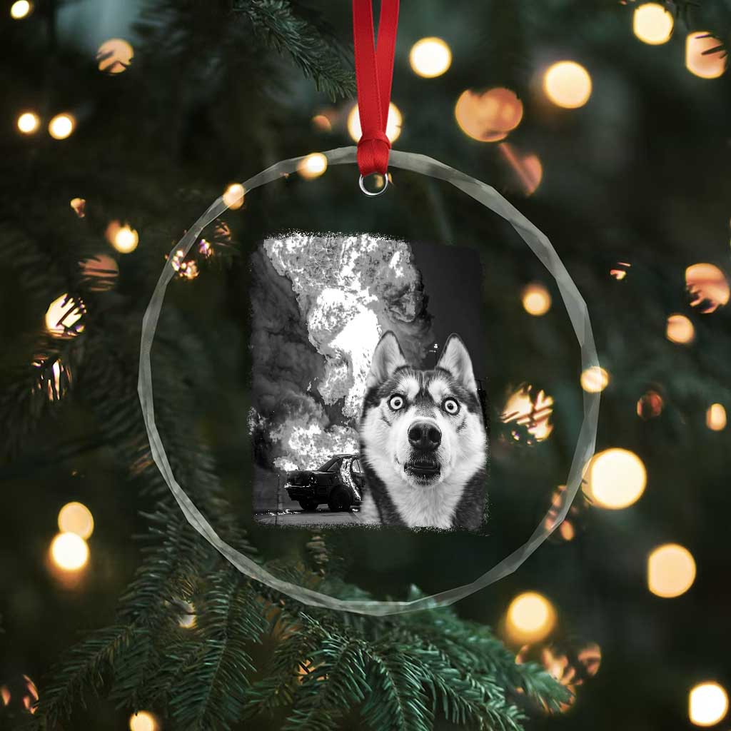 Funny Husky Chaos Crystal Glass Ornament Cool Dog Selfie With Burning Car TS12 Print Your Wear