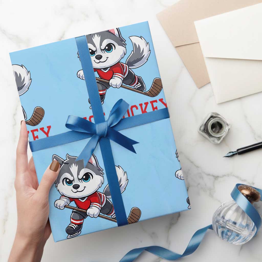 Funny Husky Playing Ice Hockey Wrapping Paper Roll Gift For Dog Lovers TS12 Light Blue Print Your Wear