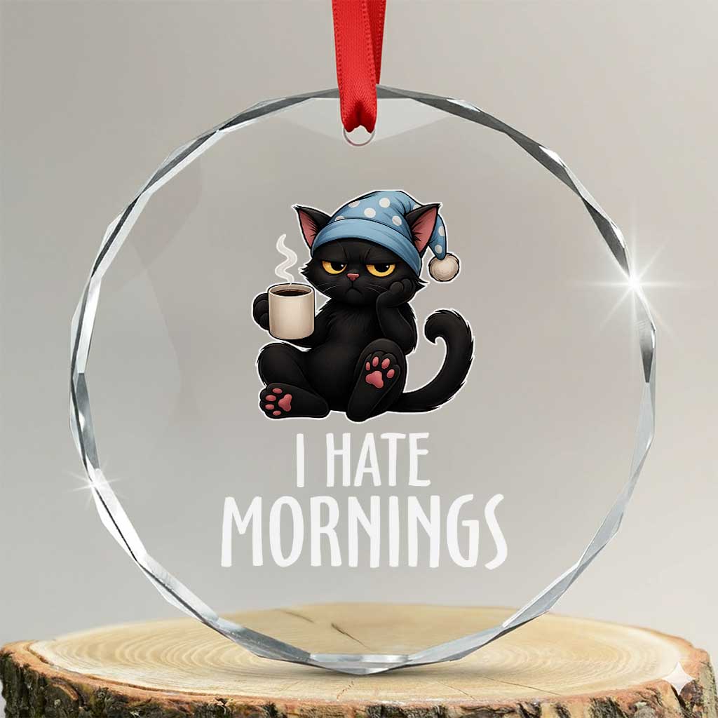 Funny I Hate Mornings Crystal Glass Ornament Cute Lazy Cat Drink Coffee TS12 Transparent Glass 3'' Circle Print Your Wear