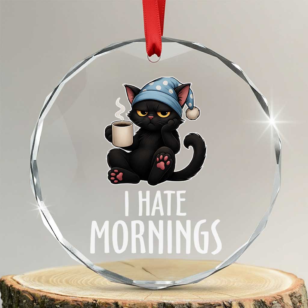 Funny I Hate Mornings Crystal Glass Ornament Cute Lazy Cat Drink Coffee TS12 Transparent Glass 3'' Circle Print Your Wear