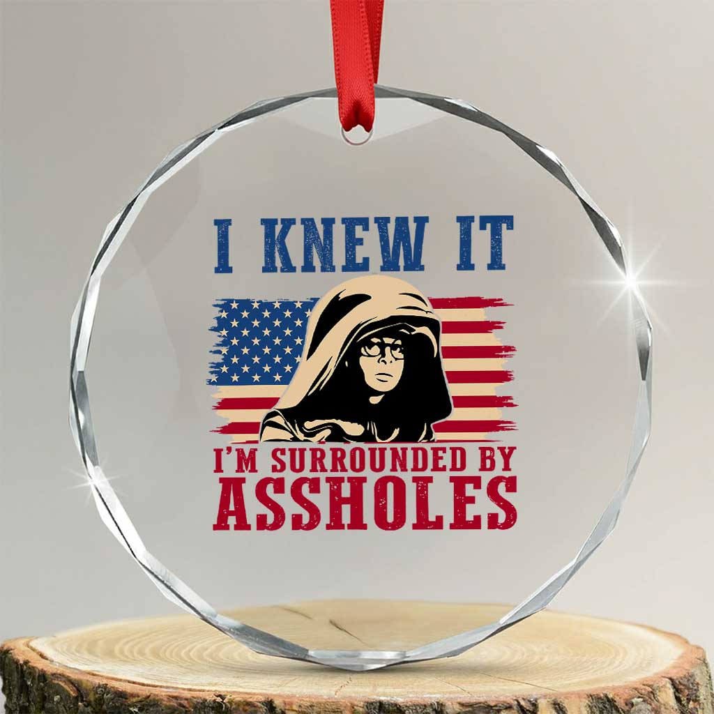 Funny I Knew It Im Surrounded by Axxholes Sci-fi Meme Crystal Glass Ornament Patriotic Space Parody USA Flag Sarcastic 1980s Movie Quote TS02 Transparent Glass 3'' Circle Print Your Wear
