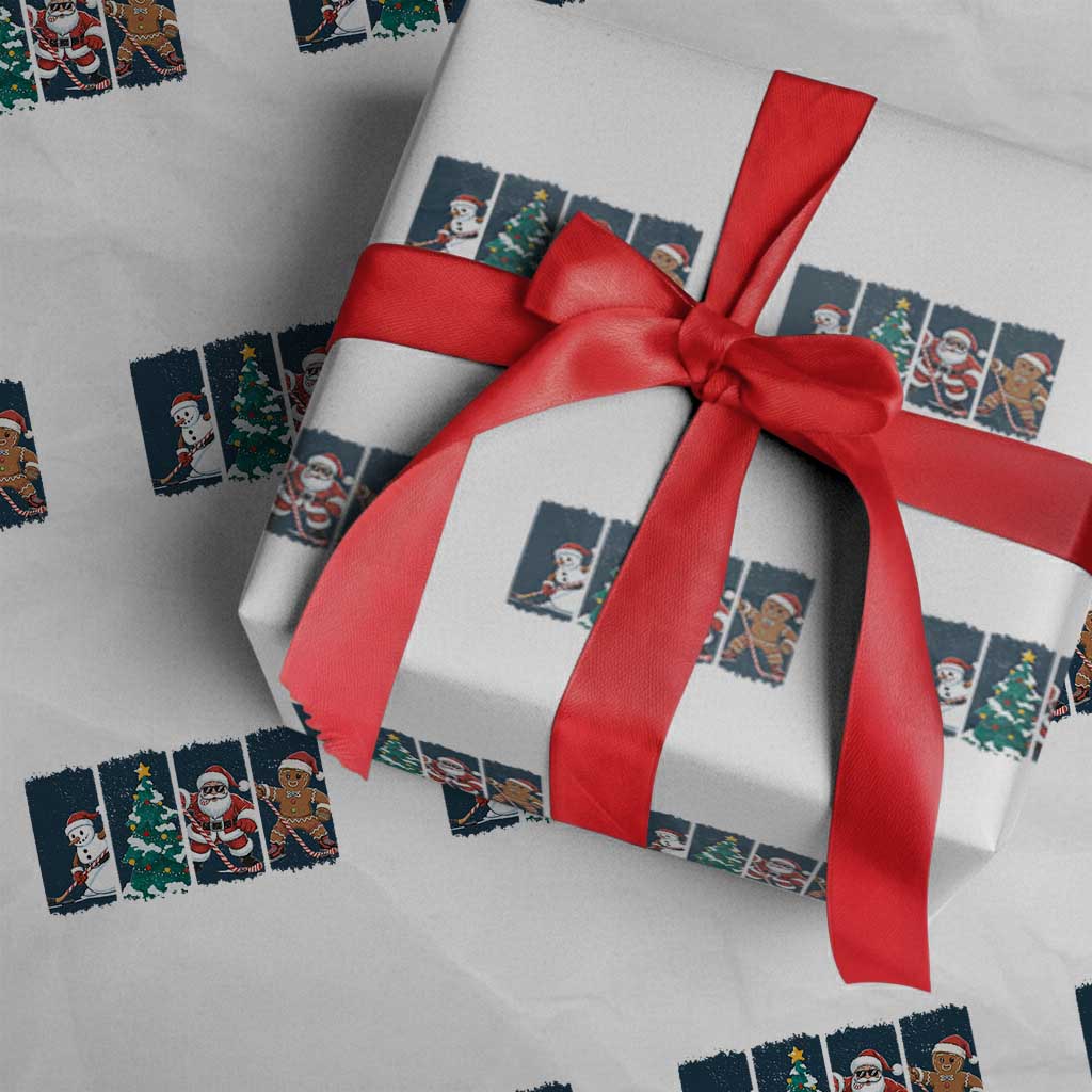 Funny Ice Hockey Christmas Gift Wrapping Paper Roll Santa Snowman And Gingerbread Playing Together TS12 White Print Your Wear