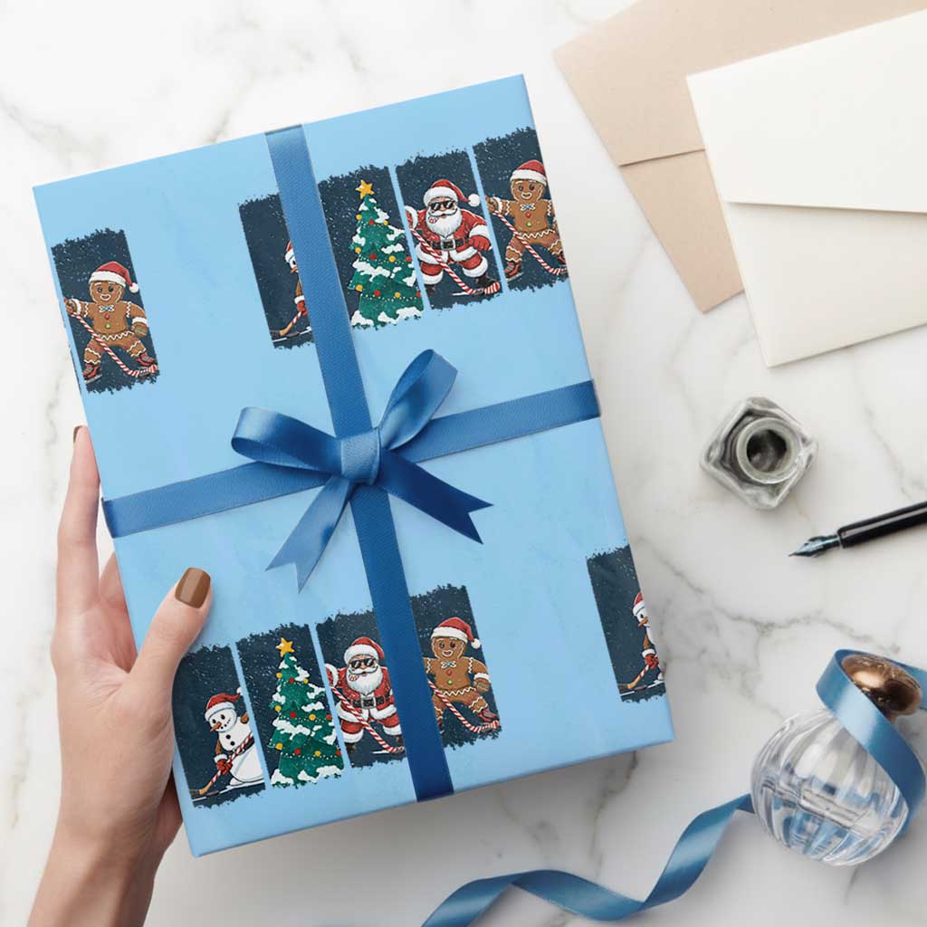 Funny Ice Hockey Christmas Gift Wrapping Paper Roll Santa Snowman And Gingerbread Playing Together TS12 Light Blue Print Your Wear