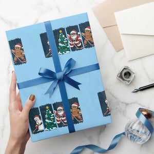 Funny Ice Hockey Christmas Gift Wrapping Paper Roll Santa Snowman And Gingerbread Playing Together TS12 Light Blue Print Your Wear