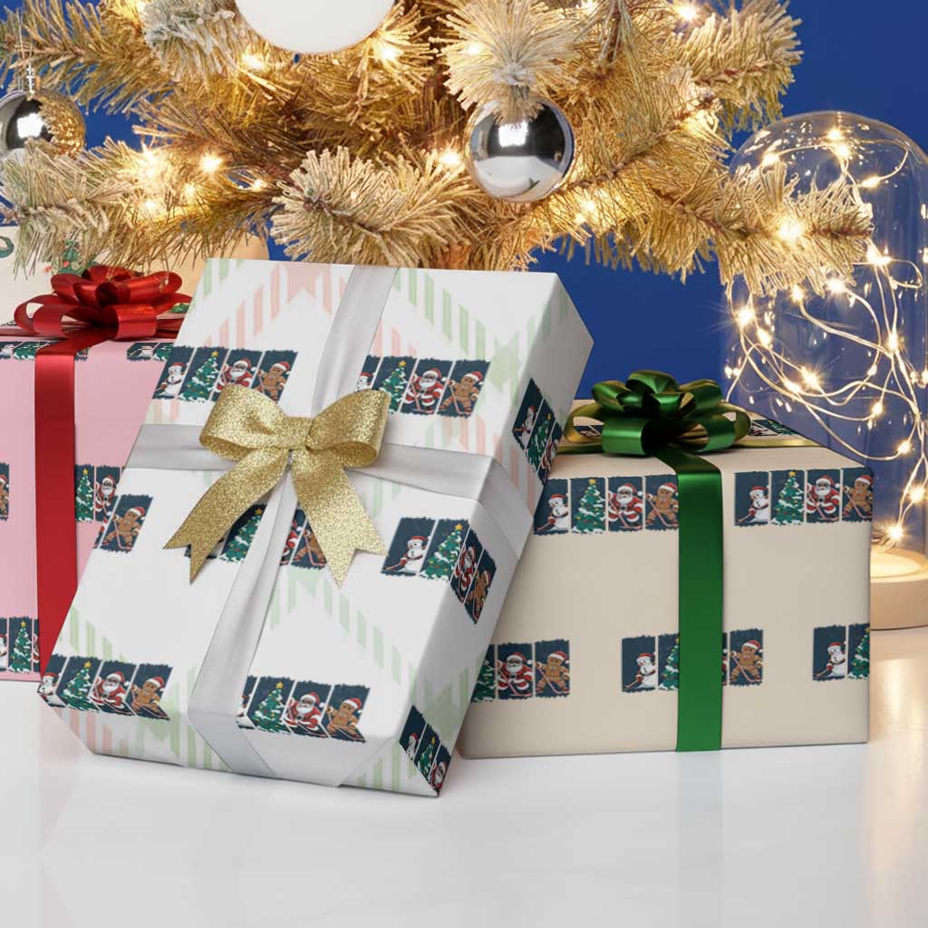Funny Ice Hockey Christmas Gift Wrapping Paper Roll Santa Snowman And Gingerbread Playing Together TS12 Print Your Wear