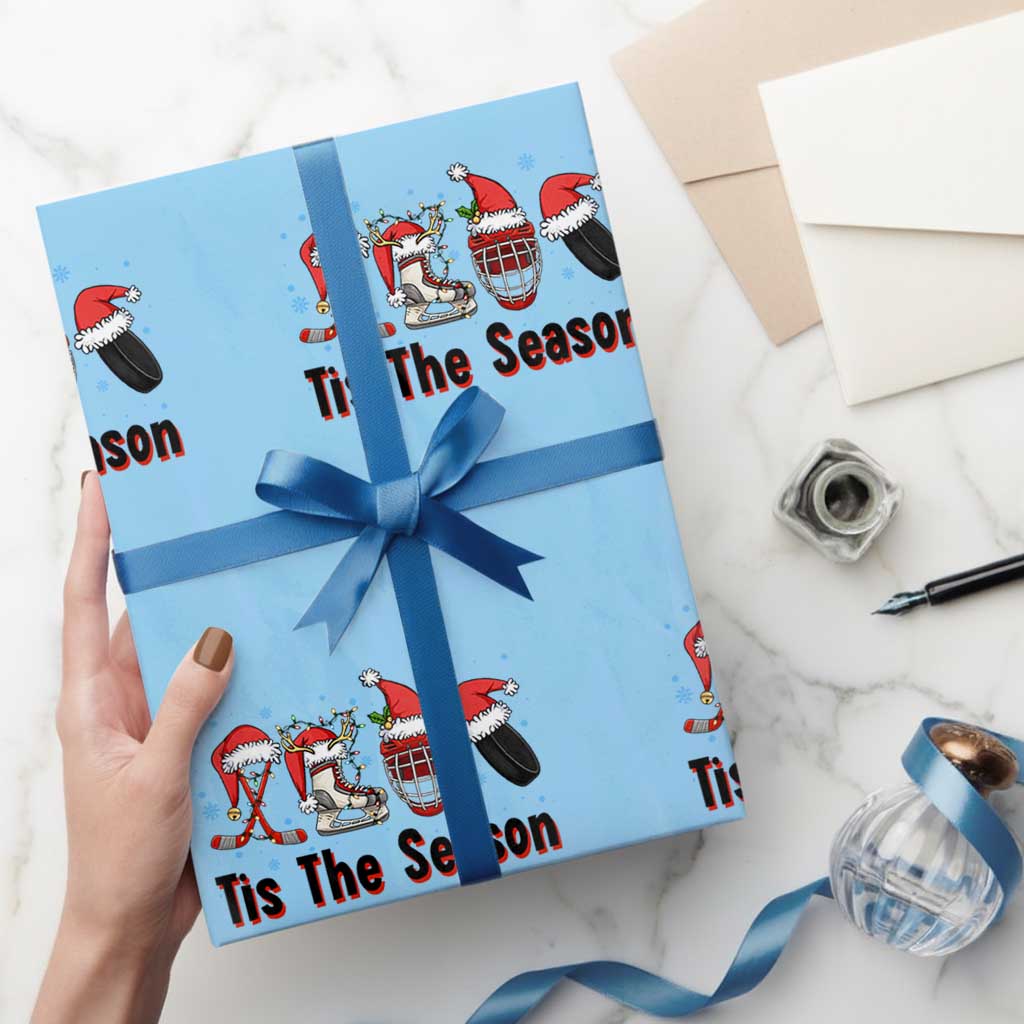 Funny Ice Hockey Christmas Gift Wrapping Paper Roll Tis The Season TS12 Light Blue Print Your Wear