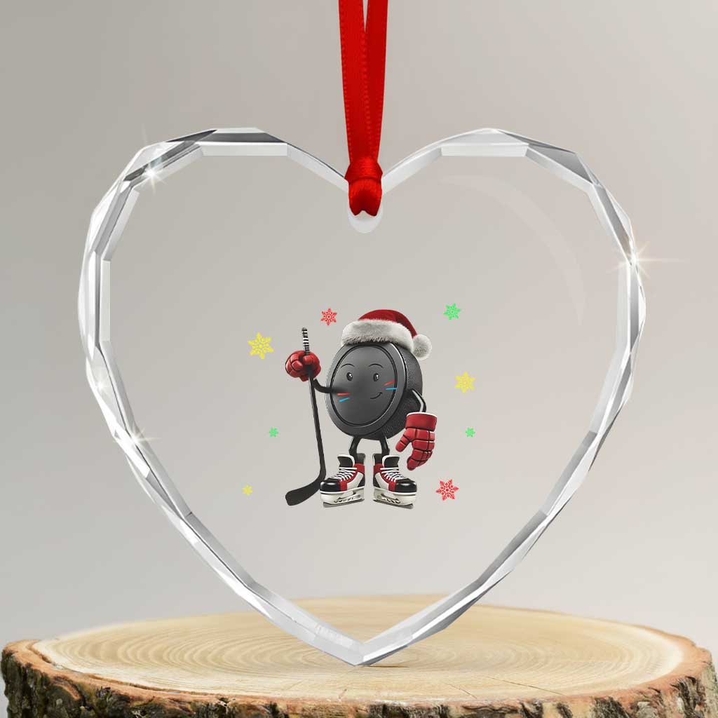 Funny Ice Hockey Holiday Gift Heart Crystal Glass Ornament Cute Puck Wearing Santa Hat TS12 Transparent Glass 3'' Heart Print Your Wear