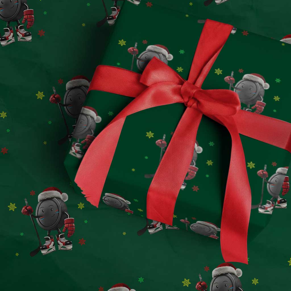 Funny Ice Hockey Holiday Gift Wrapping Paper Roll Cute Puck Wearing Santa Hat TS12 Green Print Your Wear