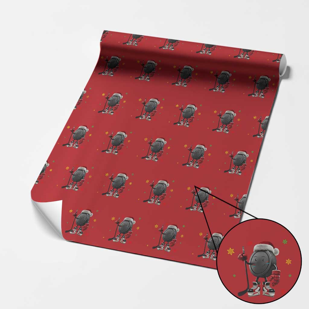 Funny Ice Hockey Holiday Gift Wrapping Paper Roll Cute Puck Wearing Santa Hat TS12 Red Print Your Wear