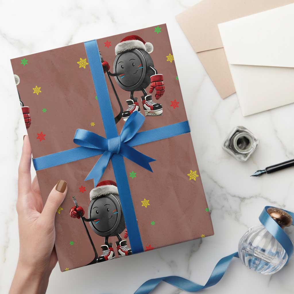 Funny Ice Hockey Holiday Gift Wrapping Paper Roll Cute Puck Wearing Santa Hat TS12 Mocha Print Your Wear
