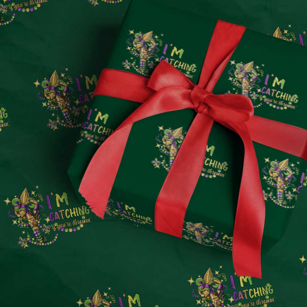 Funny I'm Catchin' If You're Throwin' Mardi Gras Wrapping Paper Roll Crawfish Beads Fleur De Lys TS11 Green Print Your Wear