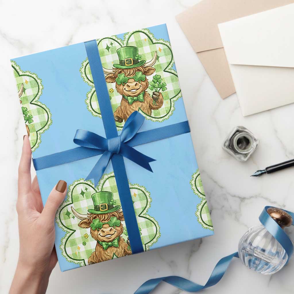 Funny Irish Highland Cow Shamrock Holiday Gift Wrapping Paper Roll TS12 Light Blue Print Your Wear