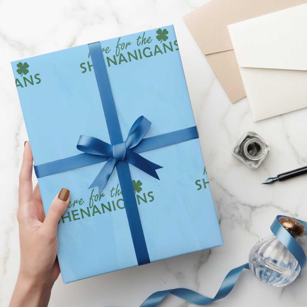 Funny Irish St Patricks Day Wrapping Paper Roll Here For The Shenanigan Shamrock TS10 Light Blue Print Your Wear