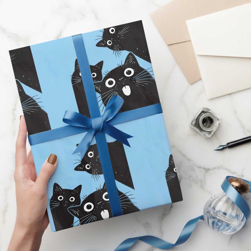 Funny Japanese Black Cat Is Watching You Wrapping Paper Roll Cat Lover TS12 Light Blue Print Your Wear