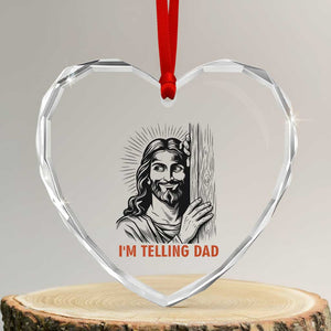 Funny Jesus Christian Meme Heart Crystal Glass Ornament I Am Telling Dad TS14 Transparent Glass 3'' Heart Print Your Wear