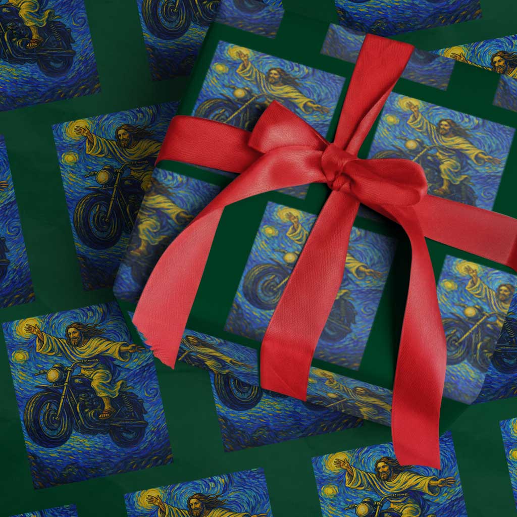 Funny Jesus Christian Motorcycle Wrapping Paper Roll Starry Night Van Gogh Biker TS14 Green Print Your Wear