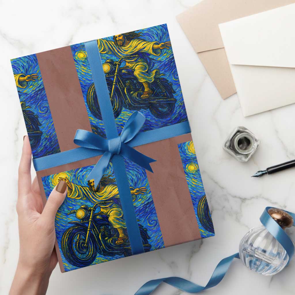 Funny Jesus Christian Motorcycle Wrapping Paper Roll Starry Night Van Gogh Biker TS14 Mocha Print Your Wear