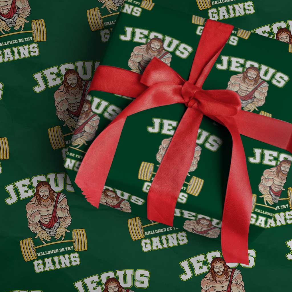 Funny Jesus Gym Wrapping Paper Roll Hallowed Be Thy Gains TS14 Green Print Your Wear