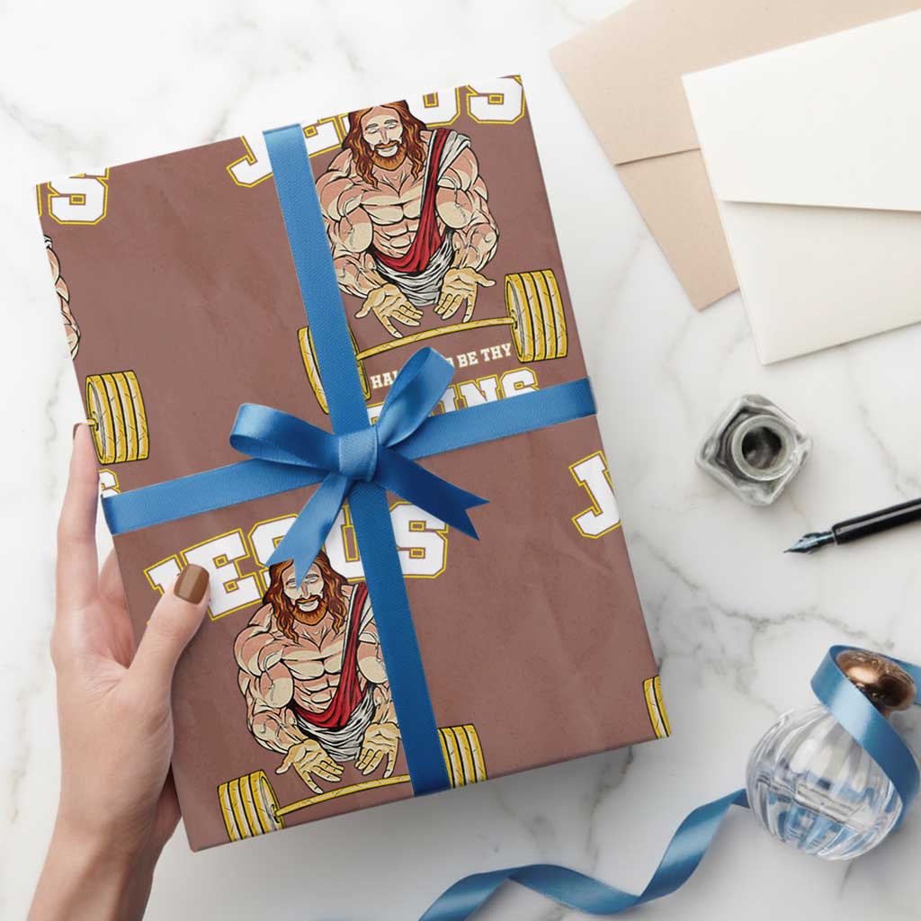 Funny Jesus Gym Wrapping Paper Roll Hallowed Be Thy Gains TS14 Mocha Print Your Wear
