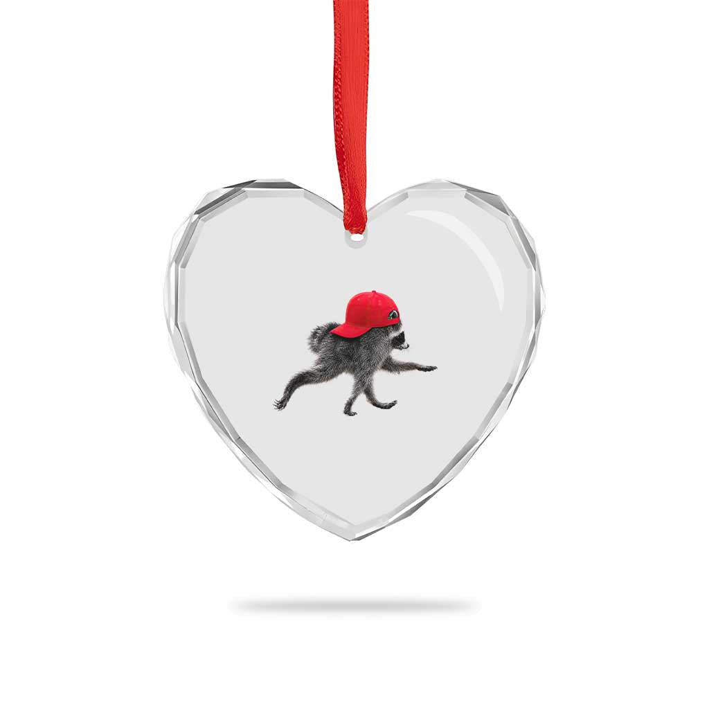 Funny Jimothy Raccoon Wearing Red Cap Graphic Heart Crystal Glass Ornament Viral Seattle Trash Panda Feral Legend