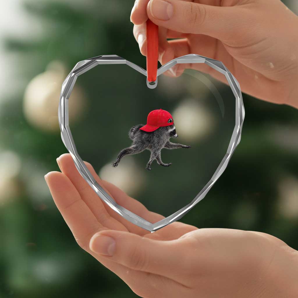 Funny Jimothy Raccoon Wearing Red Cap Graphic Heart Crystal Glass Ornament Viral Seattle Trash Panda Feral Legend