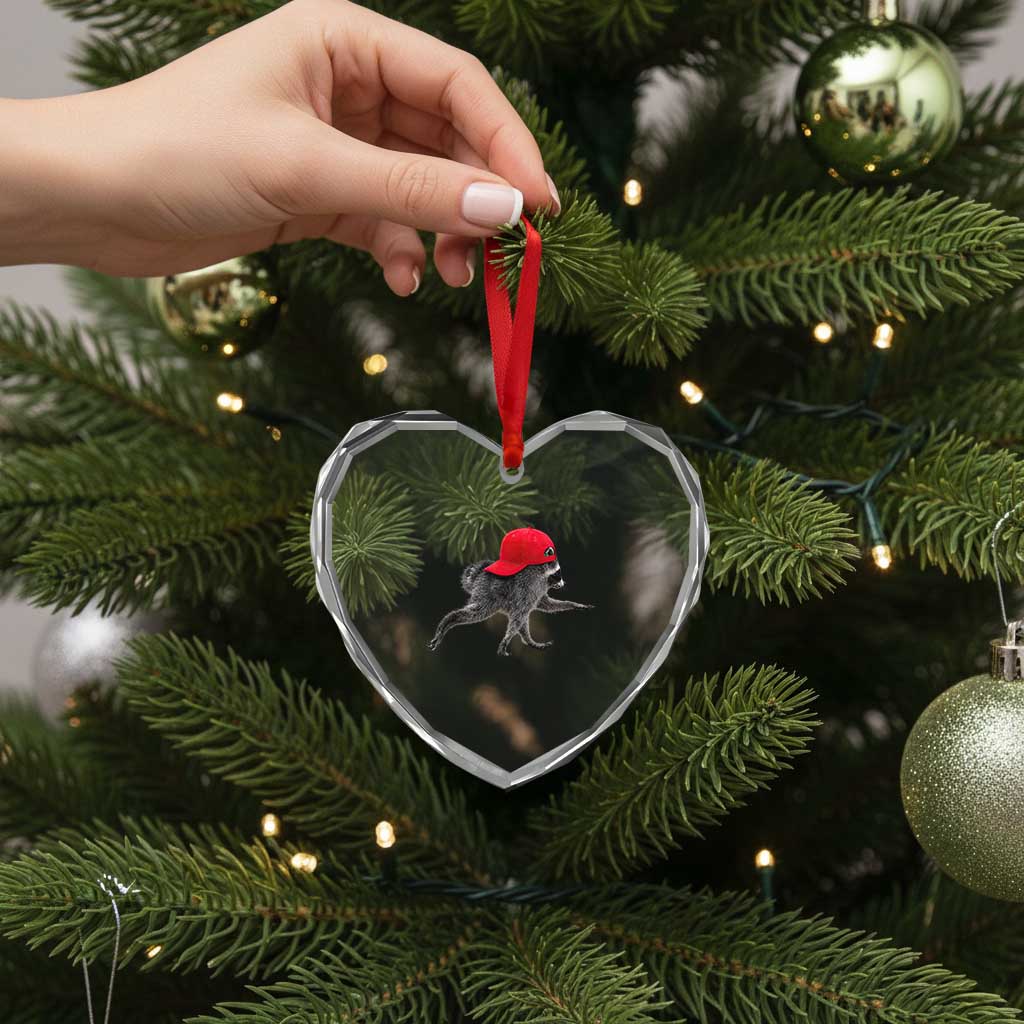 Funny Jimothy Raccoon Wearing Red Cap Graphic Heart Crystal Glass Ornament Viral Seattle Trash Panda Feral Legend