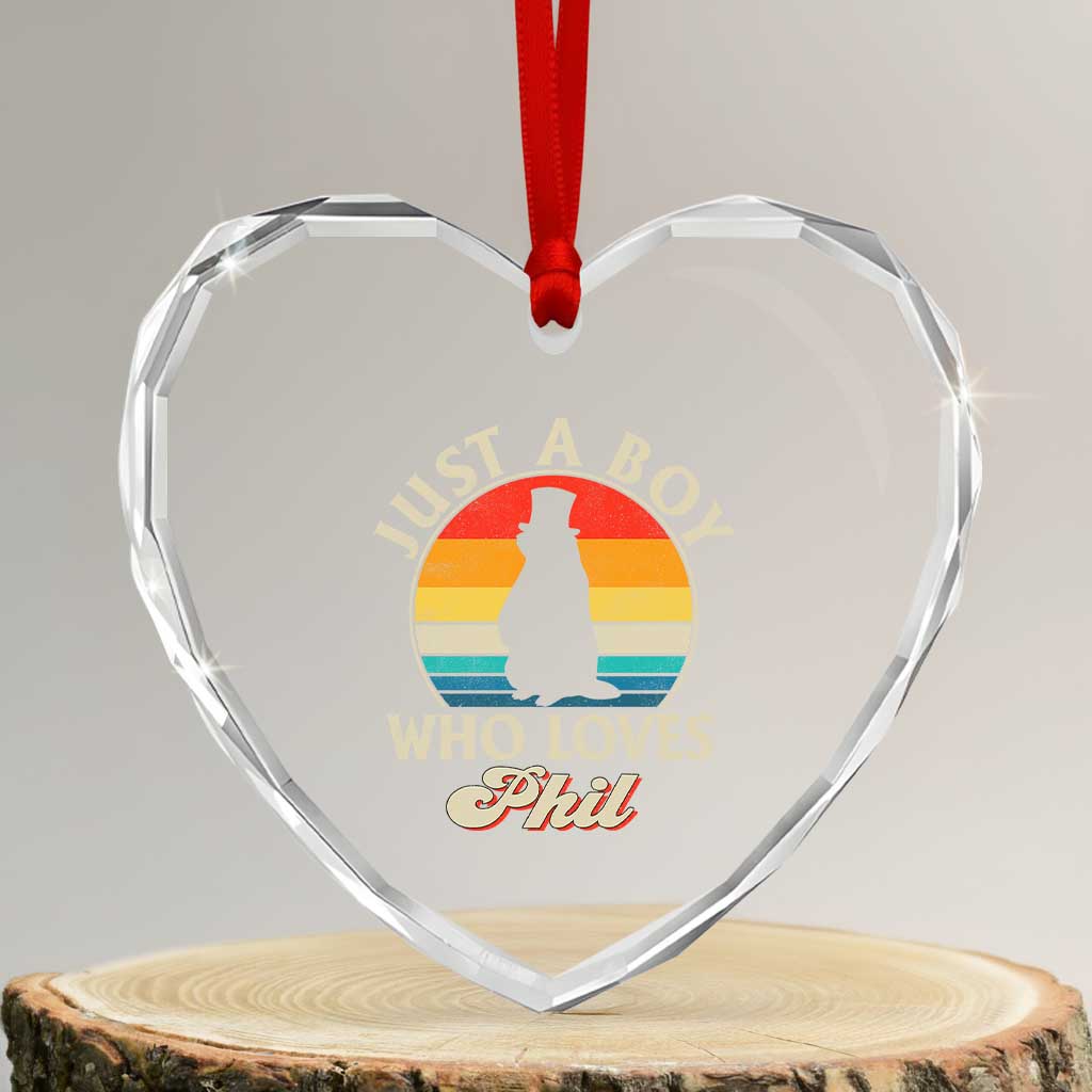 Funny Just A Boy Who Loves Phil Groundhog Heart Crystal Glass Ornament Punxsy Woodchuck Day Lover TS11 Transparent Glass 3'' Heart Print Your Wear