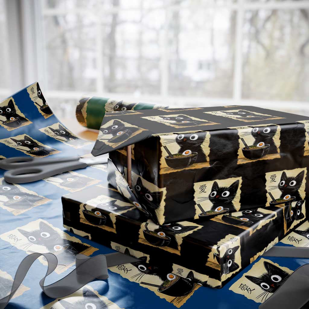 Funny Kawaii Cat Ramen Wrapping Paper Roll Japanese Noodles Lover Anime Otaku Manga Retro TS02 Black Print Your Wear