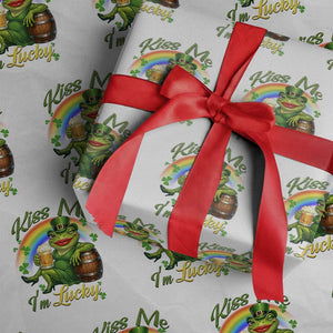 Funny Kiss Me I Am Lucky Wrapping Paper Roll St Patricks Day Frog TS12 White Print Your Wear