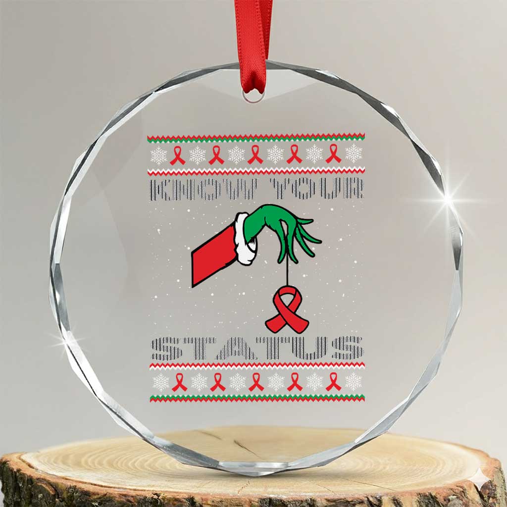 Funny Know Your Status Green Hand Crystal Glass Ornament Red Ribbon HIV Ugly Sweater Gift TS12 Transparent Glass 3'' Circle Print Your Wear