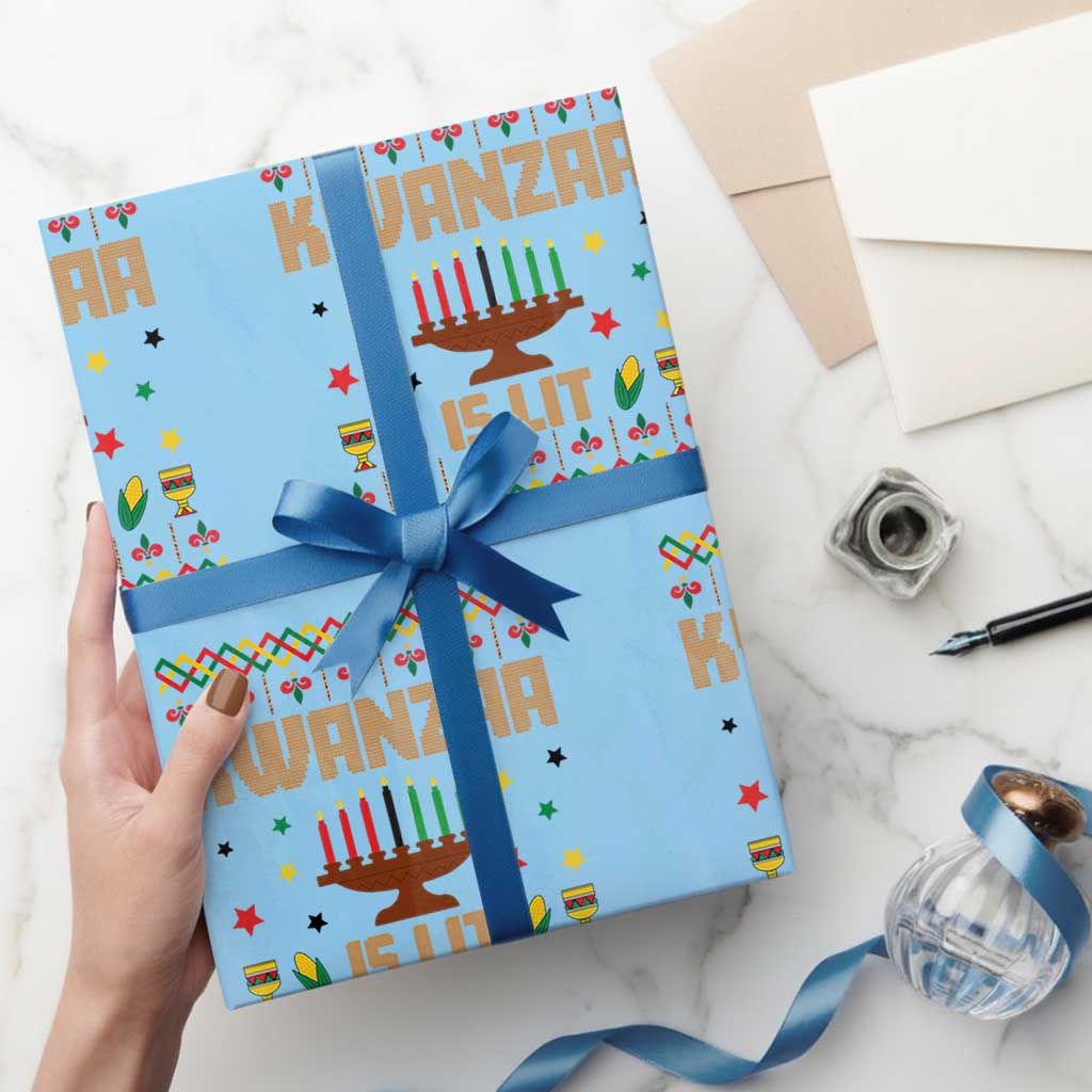 Funny Kwanzaa Is Lit Wrapping Paper Roll Ugly Sweater African Heritage Holiday Gift TS12 Light Blue Print Your Wear