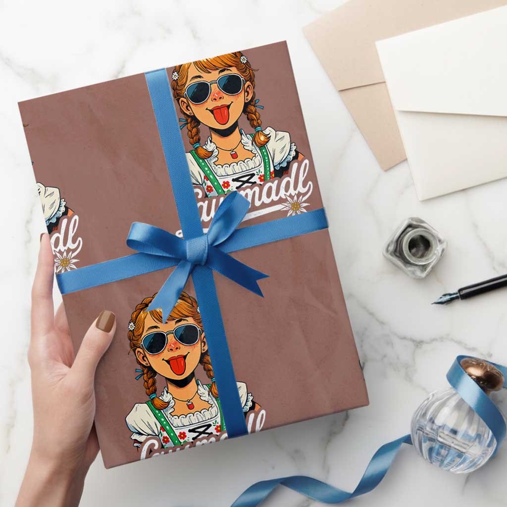 Funny Lausmadl Oktoberfest Wrapping Paper Roll Bavarian Girl with Braids Sunnies and Sass TS02 Mocha Print Your Wear