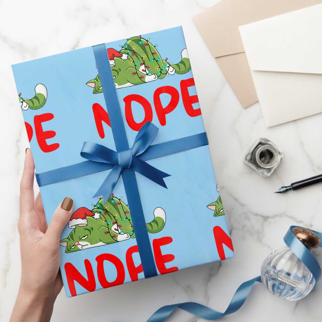 Funny Lazy Cat Christmas Wrapping Paper Roll Nope Not Today TS14 Light Blue Print Your Wear