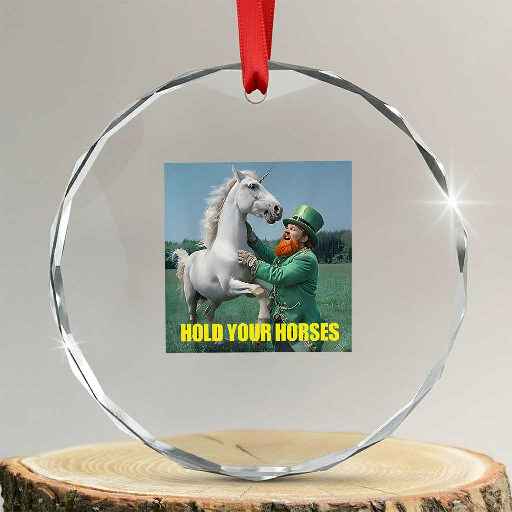 Funny Leprechaun Hold Your Horse Crystal Glass Ornament Unicorn St Patrick's Day TS02 Transparent Glass 3'' Circle Print Your Wear