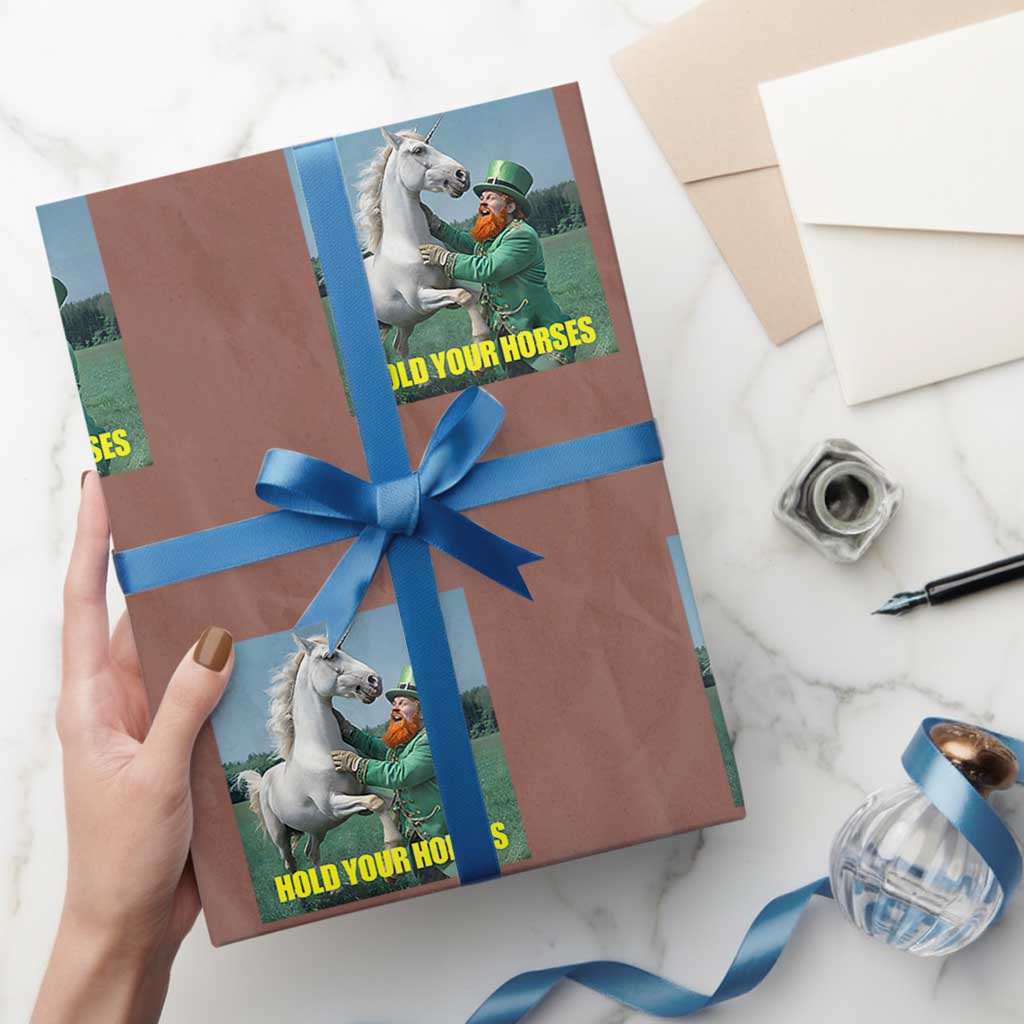 Funny Leprechaun Hold Your Horse Wrapping Paper Roll Unicorn St Patrick's Day TS02 Mocha Print Your Wear
