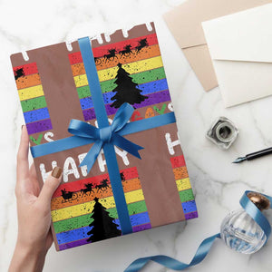 Funny LGBT Christmas Wrapping Paper Roll Happy Holigays Rainbow Stripes Unicorn Santa TS11 Mocha Print Your Wear
