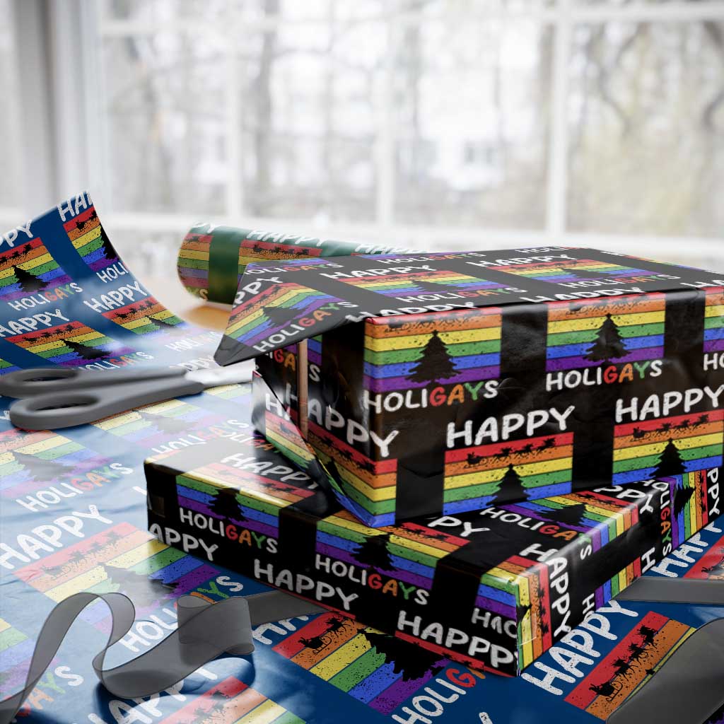 Funny LGBT Christmas Wrapping Paper Roll Happy Holigays Rainbow Stripes Unicorn Santa TS11 Black Print Your Wear