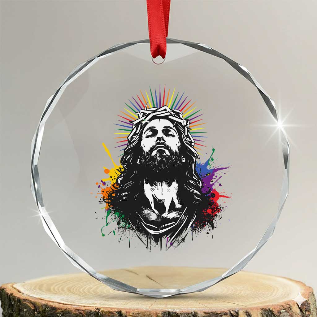 Funny LGBT Gay Pride Jesus Rainbow Flag Christian Crystal Glass Ornament TS11 Transparent Glass 3'' Circle Print Your Wear