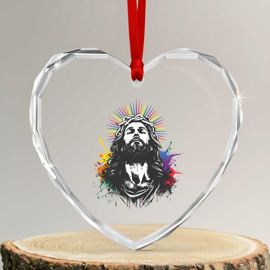 Funny LGBT Gay Pride Jesus Rainbow Flag Christian Heart Crystal Glass Ornament TS11 Transparent Glass 3'' Heart Print Your Wear