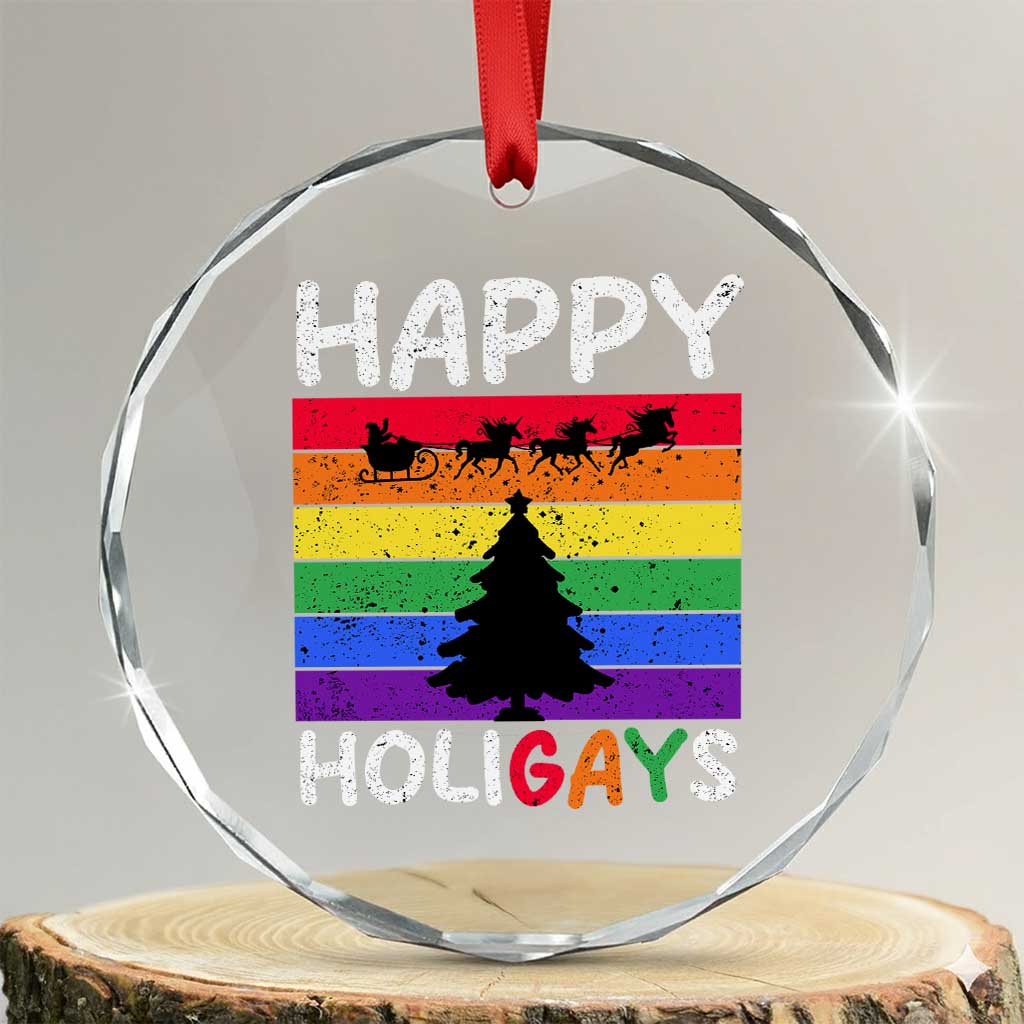 Funny LGBT Xmas Crystal Glass Ornament Happy Holigays Rainbow Stripes Unicorn Santa TS11 Transparent Glass 3'' Circle Print Your Wear