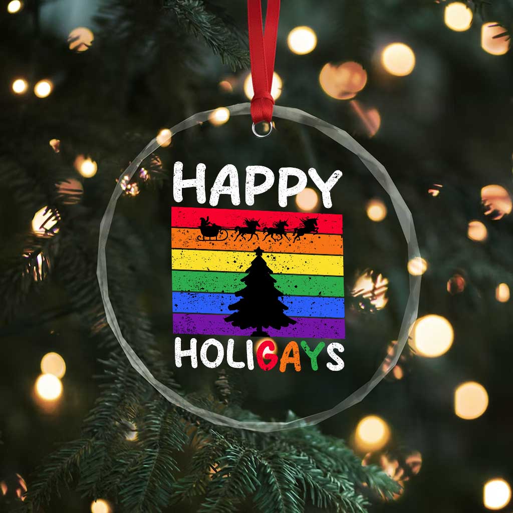 Funny LGBT Xmas Crystal Glass Ornament Happy Holigays Rainbow Stripes Unicorn Santa TS11 Print Your Wear