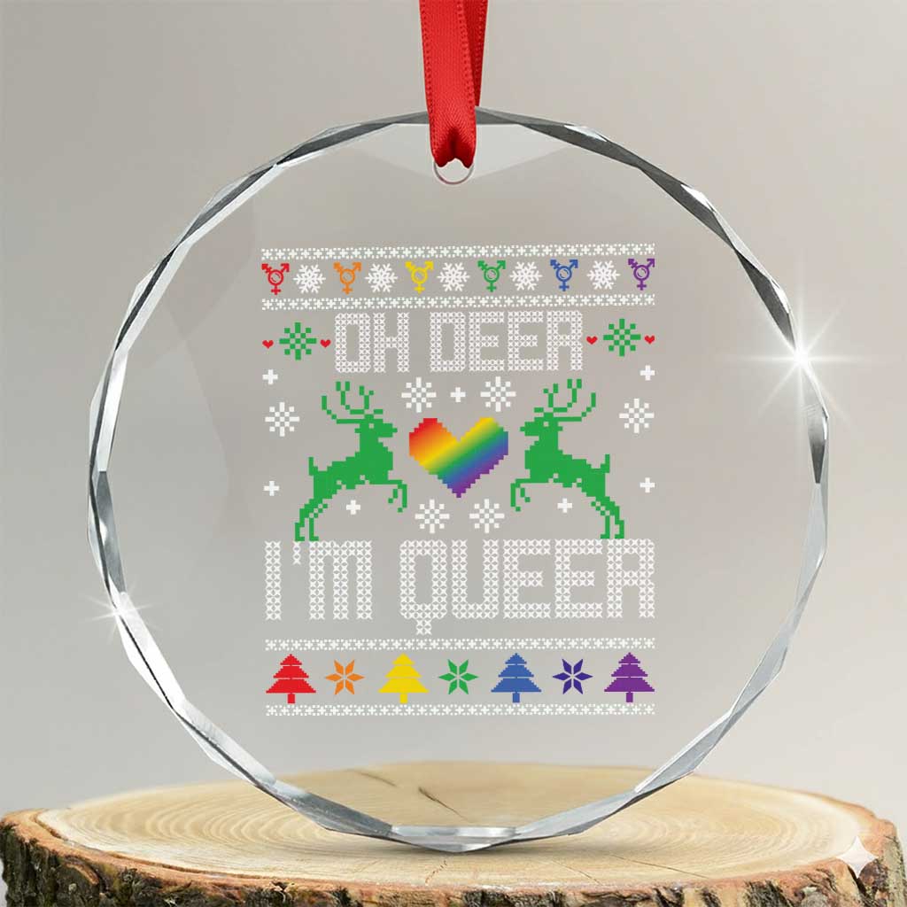 Funny LGBT Xmas Crystal Glass Ornament Oh Deer I'm Queer Rainbow LGBT Flag TS11 Transparent Glass 3'' Circle Print Your Wear