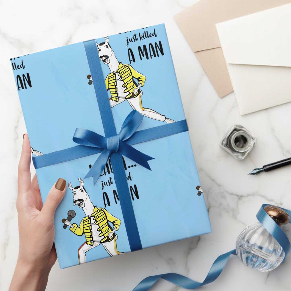 Funny Llama Just Killed a Man Wrapping Paper Roll Singing Animal Pun Internet Meme TS02 Light Blue Print Your Wear